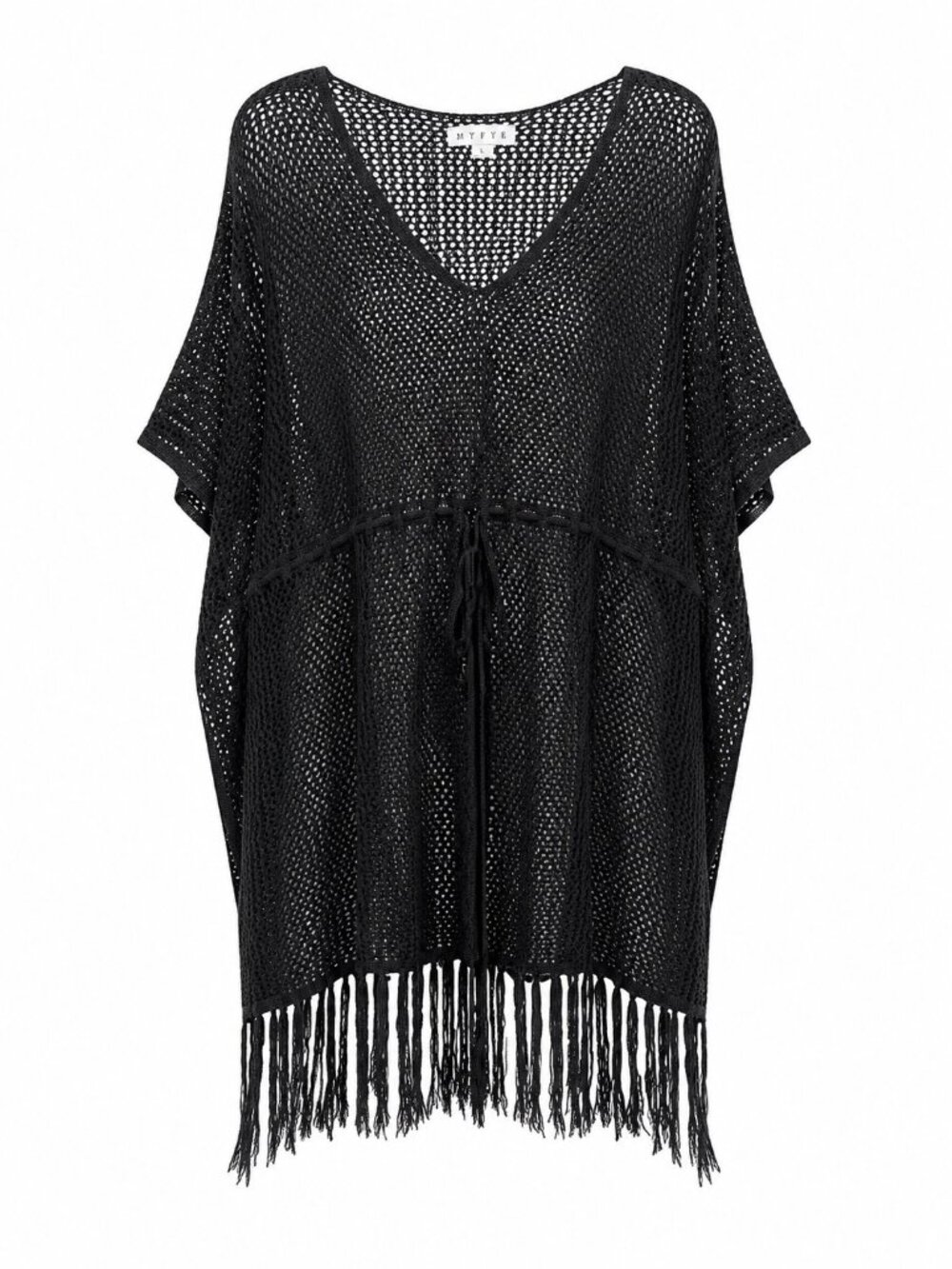 Hyfve Black Crochet Fringe Cover-Up Kimono With Adjustable Tie Waist L
